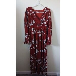 Ash Rain + Oak Boho Floral Maxi Dress Women S Burgundy White V Neck Long Sleeve